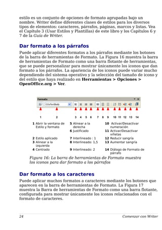 estilo es un conjunto de opciones de formato agrupadas bajo un
nombre. Writer define diferentes clases de estilos para los diversos
tipos de elementos: caracteres, párrafos, páginas, marcos y listas. Vea
el Capítulo 3 (Usar Estilos y Plantillas) de este libro y los Capítulos 6 y
7 de la Guía de Writer.
Dar formato a los párrafos
Puede aplicar diferentes formatos a los párrafos mediante los botones
de la barra de herramientas de Formato. La Figura 16 muestra la barra
de herramientas de Formato como una barra flotante de herramientas,
que se puede personalizar para mostrar únicamente los iconos que dan
formato a los párrafos. La apariencia de los iconos puede variar mucho
dependiendo del sistema operativo y la selección del tamaño de icono y
del estilo que haya realizado en Herramientas > Opciones >
OpenOffice.org > Ver.
1 Abrir la ventana de
Estilo y formato
5 Alinear a la
derecha
10 Activar/Desactivar
numeración
6 Justificado 11 Activar/Desactivar
viñetas
2 Estilo aplicado 7 Interlineado : 1 12 Reducir sangría
3 Alinear a la
izquierda
8 Interlineado: 1,5 13 Aumentar sangría
4 Centrado 9 Interlineado: 2 14 Diálogo de Formato de
párrafo
Figura 16: La barra de herramientas de Formato muestra
los iconos para dar formato a los párrafos
Dar formato a los caracteres
Puede aplicar muchos formatos a caracteres mediante los botones que
aparecen en la barra de herramientas de Formato. La Figura 17
muestra la Barra de herramientas de Formato como una barra flotante,
configurada para mostrar únicamente los iconos relacionados con el
formato de caracteres.
24 Comenzar con Writer
21 3 4 5 6 7 8 9 10 11 12 13 14
 