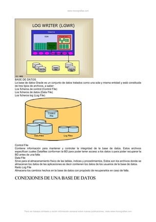 www.monografias.com




BASE DE DATOS
La base de datos Oracle es un conjunto de datos tratados como una sola y misma entidad y está constituida
de tres tipos de archivos, a saber:
Los ficheros de control (Control File)
Los ficheros de datos (Data File)
Los ficheros log (Log File)




Control File
Contiene información para mantener y controlar la integridad de la base de datos. Estos archivos
especifican cuales Datafiles conforman la BD para poder tener acceso a los datos o para poder recuperar la
BD antes de una falla
Data File
Sirve para el almacenamiento físico de las tablas, índices y procedimientos, Estos son los archivos donde se
almacenan los datos de las aplicaciones es decir contienen los datos de los usuarios de la base de datos.
Redo Log File
Almacena los cambios hechos en la base de datos con propósito de recuperarlos en caso de falla.


CONEXIONES DE UNA BASE DE DATOS




        Para ver trabajos similares o recibir información semanal sobre nuevas publicaciones, visite www.monografias.com
 