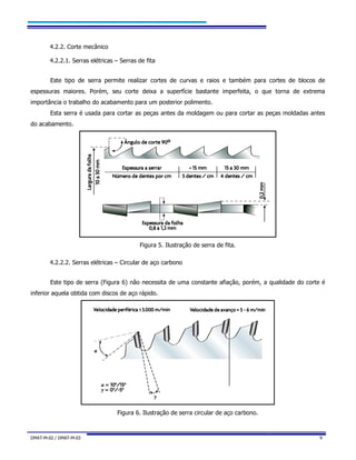 DMAT-M-02 / DMAT-M-03 9
4.2.2. Corte mecânico
4.2.2.1. Serras elétricas – Serras de fita
Este tipo de serra permite realizar cortes de curvas e raios e também para cortes de blocos de
espessuras maiores. Porém, seu corte deixa a superfície bastante imperfeita, o que torna de extrema
importância o trabalho do acabamento para um posterior polimento.
Esta serra é usada para cortar as peças antes da moldagem ou para cortar as peças moldadas antes
do acabamento.
Figura 5. Ilustração de serra de fita.
4.2.2.2. Serras elétricas – Circular de aço carbono
Este tipo de serra (Figura 6) não necessita de uma constante afiação, porém, a qualidade do corte é
inferior aquela obtida com discos de aço rápido.
Figura 6. Ilustração de serra circular de aço carbono.
 