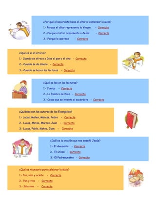 ¿Por qué el sacerdote besa el altar al comenzar la Misa?
1.- Porque el altar representa la Virgen

- Correcto

2.- Porque el altar representa a Jesús

- Correcto

3.- Porque le apetece

- Correcto

¿Qué es el ofertorio?
1.- Cuando se ofrece a Dios el pan y el vino - Correcto
2.- Cuando se da dinero - Correcto
3.- Cuando se hacen las lecturas

- Correcto

¿Qué se lee en las lecturas?
1.- Comics

- Correcto

2.- La Palabra de Dios - Correcto
3.- Cosas que se inventa el sacerdote - Correcto

¿Quiénes son los autores de los Evangelios?
1.- Lucas, Mateo, Marcos, Pedro

- Correcto

2.- Lucas, Mateo, Marcos, Juan

- Correcto

3.- Lucas, Pablo, Mateo, Juan

-

Correcto

¿Cuál es la oración que nos enseñó Jesús?
1.- El Avemaría

- Correcto

2.- El Credo - Correcto
3.- El Padrenuestro - Correcto

¿Qué es necesario para celebrar la Misa?
1.- Pan, vino y aceite
2.- Pan y vino
3.- Sólo vino

- Correcto

- Correcto
-

Correcto

 