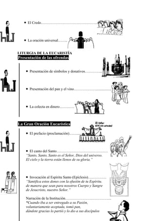 El Credo………………………………………..

La oración universal……..

LITURGIA DE LA EUCARISTÍA

Presentación de las ofrendas
Presentación de símbolos y donativos…………...

Presentación del pan y el vino……………….................

La colecta en dinero…………

La Gran Oración Eucarística
El prefacio (proclamación)…….....

El canto del Santo……………………………………
“Santo, Santo, Santo es el Señor, Dios del universo.
El cielo y la tierra están llenos de su gloria.”

Invocación al Espíritu Santo (Epíclesis)……………
“Santifica estos dones con la efusión de tu Espíritu.
de manera que sean para nosotros Cuerpo y Sangre
de Jesucristo, nuestro Señor.”
Narración de la Institución………………………………..
“Cuando iba a ser entregado a su Pasión,
voluntariamente aceptada, tomó pan,
dándote gracias lo partió y lo dio a sus discípulos

 