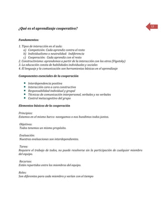 12
¿Qué es el aprendizaje cooperativo?
Fundamentos:
1. Tipos de interacción en el aula:
a) Competición: Cada aprendiz contra el resto
b) Individualismo o neutralidad: Indiferencia
c) Cooperación: Cada aprendiz con el resto
2. Constructivismo: aprendemos a partir de la interacción con los otros (Vigotsky)
3. La educación consta de habilidades individuales y sociales
4. El lenguaje y la comunicación son herramientas básicas en el aprendizaje
Componentes esenciales de la cooperación
Interdependencia positiva
Interacción cara a cara constructiva
Responsabilidad individual y grupal
Técnicas de comunicación interpersonal, verbales y no verbales
Control metacognitivo del grupo
Elementos básicos de la cooperación
Principios:
Estamos en el mismo barco: navegamos o nos hundimos todos juntos.
Objetivos:
Todos tenemos un mismo propósito.
Evaluación:
Nuestras evaluaciones son interdependientes.
Tarea:
Requiere el trabajo de todos, no puede resolverse sin la participación de cualquier miembro
del equipo.
Recursos:
Están repartidos entre los miembros del equipo.
Roles:
Son diferentes para cada miembro y varían con el tiempo
 
