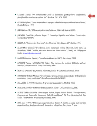 60
GEILFUS Franz: “80 herramientas para el desarrollo participativo: diagnóstico,
planificación, monitoreo, evaluación”, San José, C.R.: IICA, 2002.
GEERTZ Clifford: “Conocimiento local: ensayos sobre la interpretación de las culturas”,
Paidós Ibérica, 1994.
HALL Edward T.: “El lenguaje silencioso”, Alianza Editorial, Madrid, 1989.
JOHNSON David W.; Johnson, Roger T. “Learning Together and Alone; Cooperative,
Competitive” (1987).
KAGAN, S.: “Cooperative Learning”. San Clemente (CA): Kagan. 15ªedición, 1999.
KLEIN Marc Georges: “D’un teatre social a Franca”, revista Educació Social núm. 13,
Barcelona, 1999. “Incidir para una educación intercultural” (2008) en Pedagogías
Indias (www.pijyotan.org.mx).
LLOBET Francesc (coord.): “La cultura del cuerpo”, OETI, Barcelona, 2005.
LUCKERT Fanny y FUENMAYOR Víctor: “Ser cuerpo. Ser música. Didáctica del ser
creativo”, Universidad de Zulia, Venezuela, 2008.
MONTES Graciela: “La frontera indómita”, Fondo de Cultura Económica, 1999.
OBRADORS BARBA Matilde: “Creatividad y generación de ideas. Estudio de la práctica
creativa en cine y publicidad”. Barcelona, Aldea Global, 2007.
PALLARÉS, M. (1990): Técnicas de grupo para educadores. Madrid: ICCE.
PARCERISA Artúr: “Didáctica de la educación social”, Graó, Barcelona, 2000.
PEREZ GANDARA Silvia, López López Martín, Reyes Posada Isabel: “Transformarte,
Programa de Desarrollo Humano y Guía Metodológica”, Ed. Fray Bartolomé de Las
Casas, San Cristóbal de Las Casas, Chiapas, 2009.
RUÉ, Joan (1994): “El trabajo cooperativo”, en Dader, P., Gairín, J., (eds.), Guía para la
organización y funcionamiento de los centros educativos, Barcelona, Praxis.
 