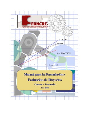 Daniel Peña
I
precio
Cantidad x
I= p * x
CF
CV
CT= a+bx
0
<=PE
Manual para laFormulacióny
Evaluaciónde Proyectos
Caracas– Venezuela
Año 2000
3era. EDICCION
 