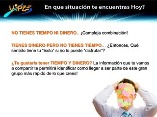 NO TIENES TIEMPO NI DINERO…¡Compleja combinación!

TIENES DINERO PERO NO TIENES TIEMPO… ¿Entonces, Qué
sentido tiene tu “éxito” si no lo puede “disfrutar”?

¿Te gustaría tener TIEMPO Y DINERO? La información que te vamos
a compartir te permitirá identificar como llegar a ser parte de este gran
grupo más rápido de lo que crees!
 