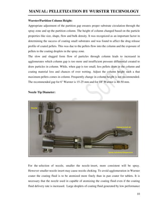 MANUAL: PELLETIZATION BY WURSTER TECHNOLOGY
10
Wurster/Partition Column Height:
Appropriate adjustment of the partition gap ensures proper substrate circulation through the
spray zone and up the partition column. The height of column changed based on the particle
properties like size, shape, flow and bulk density. It was recognized as an important factor in
determining the success of coating small substrates and was found to affect the drug release
profile of coated pellets. This was due to the pellets flow into the column and the exposure of
pellets to the coating droplets in the spray zone.
The slow and slugged form flow of particles through column leads to increased in
agglomerates which column gap is too more and insufficient pressure differential created to
draw particles in column. While, when gap is too small, less pellets draw in the column and
coating material loss and chances of over wetting. Adjust the column height such a that
maximum pellets comes in column. Frequently change in column height is not recommended.
The recommended gap for 6'' Wurster is 15-25 mm and for 18'' Wurster is 40-50 mm.
Nozzle Tip Diameter:
For the selection of nozzle, smaller the nozzle insert, more consistent will be spray.
However smaller nozzle insert may cause nozzle choking. To avoid agglomeration in Wurster
coater the coating fluid is to be atomized more finely than in pan coater for tablets. It is
necessary that the nozzle used in capable of atomizing the coating fluid even if the coating
fluid delivery rate is increased. Large droplets of coating fluid generated by low performance
 