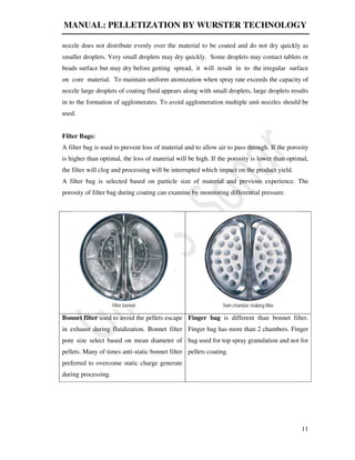 MANUAL: PELLETIZATION BY WURSTER TECHNOLOGY
11
nozzle does not distribute evenly over the material to be coated and do not dry quickly as
smaller droplets. Very small droplets may dry quickly. Some droplets may contact tablets or
beads surface but may dry before getting spread, it will result in to the irregular surface
on core material. To maintain uniform atomization when spray rate exceeds the capacity of
nozzle large droplets of coating fluid appears along with small droplets, large droplets results
in to the formation of agglomerates. To avoid agglomeration multiple unit nozzles should be
used.
Filter Bags:
A filter bag is used to prevent loss of material and to allow air to pass through. If the porosity
is higher than optimal, the loss of material will be high. If the porosity is lower than optimal,
the filter will clog and processing will be interrupted which impact on the product yield.
A filter bag is selected based on particle size of material and previous experience. The
porosity of filter bag during coating can examine by monitoring differential pressure.
Bonnet filter used to avoid the pellets escape
in exhaust during fluidization. Bonnet filter
pore size select based on mean diameter of
pellets. Many of times anti-static bonnet filter
preferred to overcome static charge generate
during processing.
Finger bag is different than bonnet filter.
Finger bag has more than 2 chambers. Finger
bag used for top spray granulation and not for
pellets coating.
 