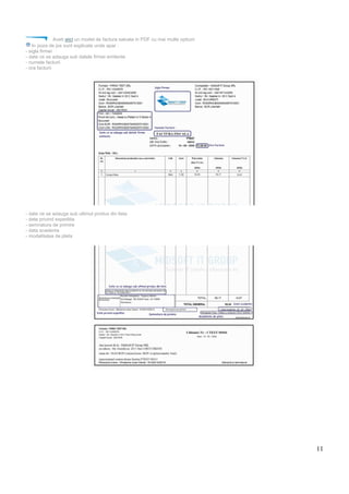 11
Aveti aici un model de factura salvata in PDF cu mai multe optiuni.
In poza de jos sunt explicate unde apar :
- sigla firmei
- date ce se adauga sub datele firmei emitente
- numele facturii
- ora facturii
- date ce se adauga sub ultimul produs din lista
- date privind expeditia
- semnatura de primire
- data scadenta
- modalitatea de plata
 