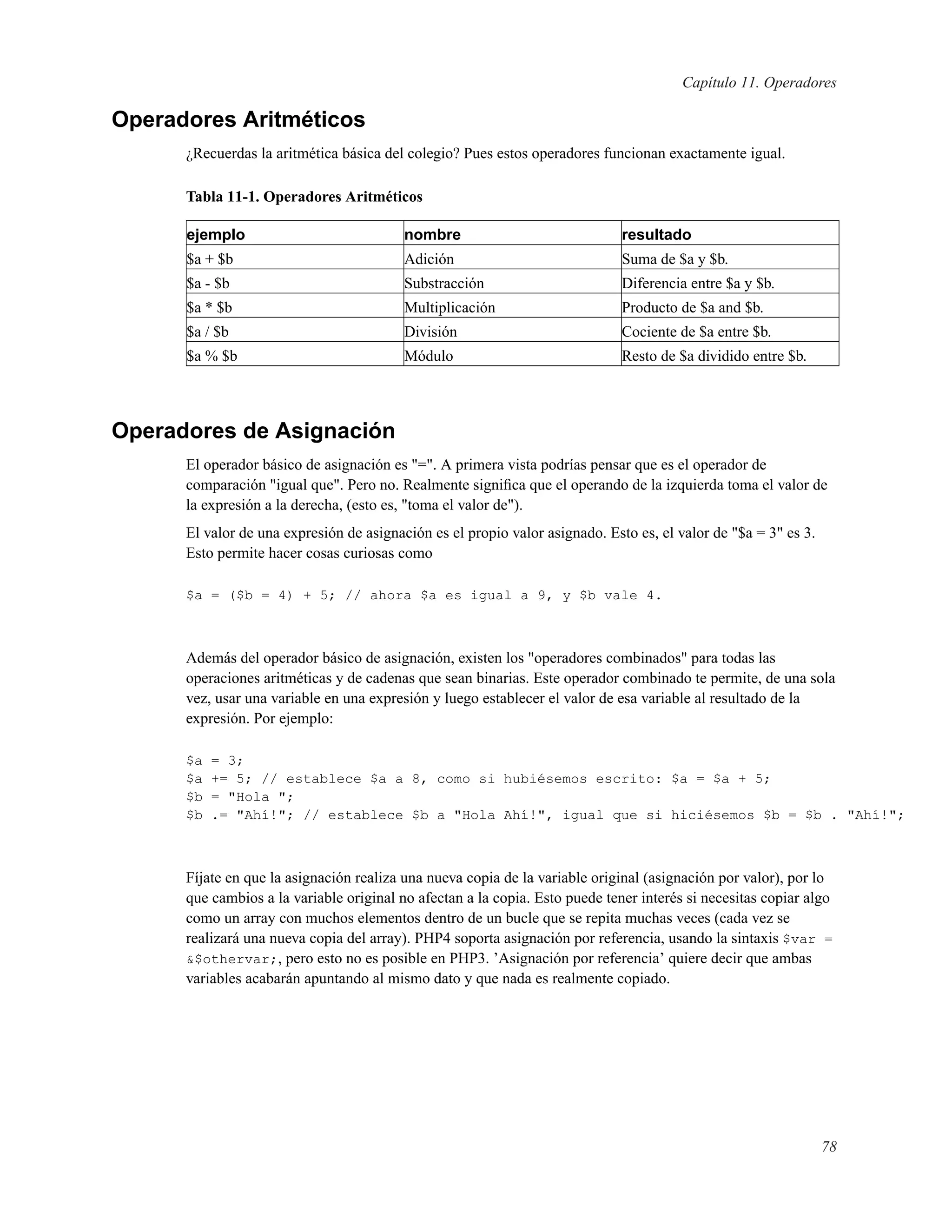 Capítulo 11. Operadores
Operadores Aritméticos
¿Recuerdas la aritmética básica del colegio? Pues estos operadores funcionan exactamente igual.
Tabla 11-1. Operadores Aritméticos
ejemplo nombre resultado
$a + $b Adición Suma de $a y $b.
$a - $b Substracción Diferencia entre $a y $b.
$a * $b Multiplicación Producto de $a and $b.
$a / $b División Cociente de $a entre $b.
$a % $b Módulo Resto de $a dividido entre $b.
Operadores de Asignación
El operador básico de asignación es "=". A primera vista podrías pensar que es el operador de
comparación "igual que". Pero no. Realmente signiﬁca que el operando de la izquierda toma el valor de
la expresión a la derecha, (esto es, "toma el valor de").
El valor de una expresión de asignación es el propio valor asignado. Esto es, el valor de "$a = 3" es 3.
Esto permite hacer cosas curiosas como
$a = ($b = 4) + 5; // ahora $a es igual a 9, y $b vale 4.
Además del operador básico de asignación, existen los "operadores combinados" para todas las
operaciones aritméticas y de cadenas que sean binarias. Este operador combinado te permite, de una sola
vez, usar una variable en una expresión y luego establecer el valor de esa variable al resultado de la
expresión. Por ejemplo:
$a = 3;
$a += 5; // establece $a a 8, como si hubiésemos escrito: $a = $a + 5;
$b = "Hola ";
$b .= "Ahí!"; // establece $b a "Hola Ahí!", igual que si hiciésemos $b = $b . "Ahí!";
Fíjate en que la asignación realiza una nueva copia de la variable original (asignación por valor), por lo
que cambios a la variable original no afectan a la copia. Esto puede tener interés si necesitas copiar algo
como un array con muchos elementos dentro de un bucle que se repita muchas veces (cada vez se
realizará una nueva copia del array). PHP4 soporta asignación por referencia, usando la sintaxis $var =
&$othervar;, pero esto no es posible en PHP3. ’Asignación por referencia’ quiere decir que ambas
variables acabarán apuntando al mismo dato y que nada es realmente copiado.
78
 
