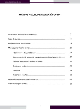 4
MANUAL PRÁCTICO PARA LA CRÍA OVINA
0
MANUAL PRÁCTICO DEL CAMPESINO PARA LA CRÍA OVINA 
 
Índice: 
 
 
  Pág. 
1. Prefacio………………………………………………………………………...................................... 
 
1 
2. Situación de la ovinocultura en México……………………………................................ 
 
2 
3. Razas de ovinos……………………………………………………….......................................... 
 
7 
4. Composición del rebaño ovino……………………………………………………………………….. 
 
14 
5. Manejo general de los ovinos…………………….…………………………………………………… 
 
16 
Identificación del ganado ovino..............………………………………………………………… 
 
16 
    Determinación de la edad de los ovinos por medio de la dentición………………… 
 
21 
    Técnicas de sujeción y derribo de ovinos …………………………….............................. 
 
25 
    Descole de corderos……………………………………………………………………………………….. 
 
30 
    Trasquila…………………………………………………………………………………………………………. 
 
31 
    Recorte de pezuñas…………………………………………………………………………………………. 
 
  33 
6. Generalidades de registros e inventarios……………………………………………………..... 
 
35 
7. Instalaciones para ovinos……………………………………………...................................... 
 
37 
   
   
   
   
 
 
 
 
 
 
0
MANUAL PRÁCTICO DEL CAMPESINO PARA LA CRÍA OVINA 
 
Índice: 
 
 
  Pág. 
1. Prefacio………………………………………………………………………...................................... 
 
1 
2. Situación de la ovinocultura en México……………………………................................ 
 
2 
3. Razas de ovinos……………………………………………………….......................................... 
 
7 
4. Composición del rebaño ovino……………………………………………………………………….. 
 
14 
5. Manejo general de los ovinos…………………….…………………………………………………… 
 
16 
Identificación del ganado ovino..............………………………………………………………… 
 
16 
    Determinación de la edad de los ovinos por medio de la dentición………………… 
 
21 
    Técnicas de sujeción y derribo de ovinos …………………………….............................. 
 
25 
    Descole de corderos……………………………………………………………………………………….. 
 
30 
    Trasquila…………………………………………………………………………………………………………. 
 
31 
    Recorte de pezuñas…………………………………………………………………………………………. 
 
  33 
6. Generalidades de registros e inventarios……………………………………………………..... 
 
35 
7. Instalaciones para ovinos……………………………………………...................................... 
 
37 
   
   
   
   
 
 
 
 
 
 
0
MANUAL PRÁCTICO DEL CAMPESINO PARA LA CRÍA OVINA 
 
Índice: 
 
 
  Pág. 
1. Prefacio………………………………………………………………………...................................... 
 
1 
2. Situación de la ovinocultura en México……………………………................................ 
 
2 
3. Razas de ovinos……………………………………………………….......................................... 
 
7 
4. Composición del rebaño ovino……………………………………………………………………….. 
 
14 
5. Manejo general de los ovinos…………………….…………………………………………………… 
 
16 
Identificación del ganado ovino..............………………………………………………………… 
 
16 
    Determinación de la edad de los ovinos por medio de la dentición………………… 
 
21 
    Técnicas de sujeción y derribo de ovinos …………………………….............................. 
 
25 
    Descole de corderos……………………………………………………………………………………….. 
 
30 
    Trasquila…………………………………………………………………………………………………………. 
 
31 
    Recorte de pezuñas…………………………………………………………………………………………. 
 
  33 
6. Generalidades de registros e inventarios……………………………………………………..... 
 
35 
7. Instalaciones para ovinos……………………………………………...................................... 
 
37 
   
   
   
   
 
 
 
 
 
 
MANUAL PRÁCTICO DEL CAMPESINO PARA LA CRÍA OVINA 
 
Índice: 
 
 
  Pág. 
1. Prefacio………………………………………………………………………...................................... 
 
1 
2. Situación de la ovinocultura en México……………………………................................ 
 
2 
3. Razas de ovinos……………………………………………………….......................................... 
 
7 
4. Composición del rebaño ovino……………………………………………………………………….. 
 
14 
5. Manejo general de los ovinos…………………….…………………………………………………… 
 
16 
Identificación del ganado ovino..............………………………………………………………… 
 
16 
    Determinación de la edad de los ovinos por medio de la dentición………………… 
 
21 
    Técnicas de sujeción y derribo de ovinos …………………………….............................. 
 
25 
    Descole de corderos……………………………………………………………………………………….. 
 
30 
    Trasquila…………………………………………………………………………………………………………. 
 
31 
    Recorte de pezuñas…………………………………………………………………………………………. 
 
  33 
6. Generalidades de registros e inventarios……………………………………………………..... 
 
35 
7. Instalaciones para ovinos……………………………………………...................................... 
 
37 
   
   
   
   
 
 
 
 
 
 
0
MANUAL PRÁCTICO DEL CAMPESINO PARA LA CRÍA OVINA 
dice: 
Pág. 
Prefacio………………………………………………………………………......................................  1 
Situación de la ovinocultura en México……………………………................................  2 
Razas de ovinos………………………………………………………..........................................  7 
Composición del rebaño ovino………………………………………………………………………..  14 
Manejo general de los ovinos…………………….……………………………………………………  16 
Identificación del ganado ovino..............………………………………………………………… 
 
16 
Determinación de la edad de los ovinos por medio de la dentición…………………  21 
Técnicas de sujeción y derribo de ovinos ……………………………..............................  25 
Descole de corderos………………………………………………………………………………………..  30 
Trasquila………………………………………………………………………………………………………….  31 
Recorte de pezuñas………………………………………………………………………………………….    33 
Generalidades de registros e inventarios…………………………………………………….....  35 
Instalaciones para ovinos……………………………………………......................................  37 
 
 
 
 
5
11
19
23
24
29
33
38
39
42
45
49
 