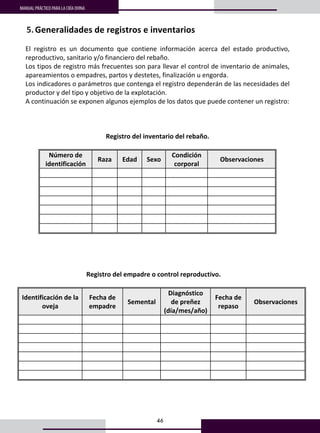 46
MANUAL PRÁCTICO PARA LA CRÍA OVINA
Registro del empadre o control reproductivo. 
 
Identificación de la 
oveja 
Fecha de 
empadre 
Semental 
Diagnóstico 
de preñez 
(día/mes/año) 
Fecha de 
repaso 
Observaciones 
           
           
           
           
           
           
           
 
 
 
Registro de partos y destete. 
 
Tipo  Fecha  Peso al 
35
 
 
 
6. Generalidades de registros e inventarios 
 
El  registro  es  un  documento  que  contiene  información  acerca  del  estado  productivo, 
reproductivo, sanitario y/o financiero del rebaño. 
Los tipos de registro más frecuentes son para llevar el control de inventario de animales, 
apareamientos o empadres, partos y destetes, finalización u engorda. 
Los indicadores o parámetros que contenga el registro dependerán de las necesidades del 
productor y del tipo y objetivo de la explotación. 
A continuación se exponen algunos ejemplos de los datos que puede contener un registro: 
 
 
 
Registro del inventario del rebaño. 
 
Número de 
identificación 
Raza  Edad  Sexo 
Condición 
corporal 
Observaciones 
           
           
           
           
           
           
           
 
 
 
 
 
 
 
5.
 