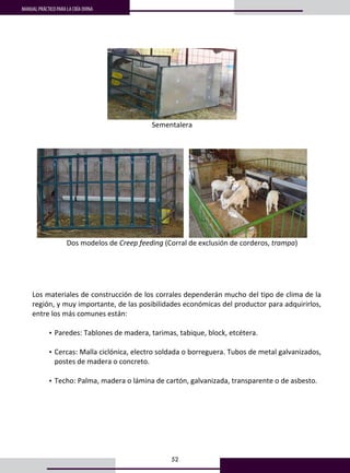 52
MANUAL PRÁCTICO PARA LA CRÍA OVINA
39
      
                        Corral para vientres                                                    Parideros 
 
 
         
Sementalera 
 
 
     
                      Dos modelos de Creep feeding (Corral de exclusión de corderos, trampa) 
 
 
Los materiales de construcción de los corrales dependerán mucho del tipo de clima de la 
región, y muy importante, de las posibilidades económicas del productor para adquirirlos, 
entre los más comunes están: 
 
• Paredes: Tablones de madera, tarimas, tabique, block, etcétera.  
 
• Cercas: Malla ciclónica, electro soldada o borreguera. Tubos de metal galvanizados, 
postes de madera o concreto. 
 
• Techo: Palma, madera o lámina de cartón, galvanizada, transparente o de asbesto.  
 
 
 
 