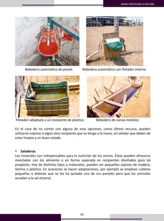 59
MANUAL PRÁCTICO PARA LA CRÍA OVINA
46
.         
            Bebedero automático de pivote            Bebedero automático con flotador interno 
 
           
 Flotador adaptado a un recipiente de plástico               Bebedero de canoa metálico 
 
En  el  caso  de  no  contar  con  alguna  de  esas  opciones,  como  último  recurso,  pueden 
utilizarse cubetas o algún otro recipiente que se tenga a la mano, sin olvidar que deben de 
estar limpias y en buen estado.  
 
 
• Saladeros 
Los minerales son indispensables para la nutrición de los ovinos. Éstos pueden ofrecerse 
mezclados  con  los  alimento  o  en  forma  separada  en  recipientes  diseñados  para  tal 
propósito. Hay de distintos tipos y materiales, pueden ser pequeños cajones de madera, 
lámina o plástico. En ocasiones se hacen adaptaciones, por ejemplo se emplean cubetas 
pequeñas  o  bidones  que  se  les  ha  quitado  una  de  sus  paredes  para  que  los  animales 
accedan a la sal mineral. 
 
 