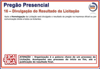 Após a Homologação da Licitação será divulgado o resultado do pregão na imprensa oficial ou por
comunicação direta a todos os licitantes;
ATENÇÃO – Organização é a palavra chave de um processo de
Licitação. Acompanhe seu processo do início ao fim, até a
publicação do resultado final.
 