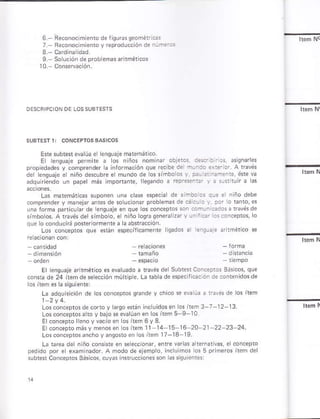 6 Beconocimlen¡o de fisuras qeóñátiÉs
7 Feconocimenro y reprodúcciónde ñúm:ros
0. Solucióñ de prob emasarnmélicos
Ere subte$evalúa e lenguáje mdemát co.
E dneuáje perñre a os niñós nomiñar obieio§. c:;:I os, *qnarles
propkdades y compfender a informaóión que r¿cbe de ñ-_ac:xi:'or. A favós
del ÉnsuaÉ el niño d¿scubre el mundo de ós simbolos v, G- ::.:ren1e, ¿re va
adquireñdo u¡ papel más lmpodañt¿, legando a ¡epreen::'
una css esDech de siñbo os q!! ¿ ñ ño debe
solu.lon problemas de cácu o .
iÉdosat3vé5de
e niño lograseneralúry uriiier oscónóepros, o
ssoecíflcamen¡e lqados al .ñqr¿ja aritmérico s
L* mátsñáicas supoñen
comprender y manejar anbs dé
una lorm padicu á. de enou¿je
símbólos. A tavé§ dsl simboo,
que ó conducná porer ormenre
Los conceptos que e án
E ensu¿ie imérico es evaruádó á rávés de Subr¿rConcpros 3áscos, que
con{a de 24 ítemdeslección múklpó. La úb adéé§pecrcácón decontenldosde
La adqukición de los concÉptós qránde y chco * ev¿ ú¿ a r¿v¿s dá los irem
Los cóneotos de corto y arqoefán lnc úidosen Ó. fém 3 7 l2 13
Losconceptosaro y balo seevalúanen os iteñ 5 I l0
E c.ncepto l.ñó yvacio en osíremOya.
E concspto más y menos en ositem 11-14 15 16 2A 21 22 23 24.
Los conceptós áncho y ánqofo en los item l7-13-19.
La ra.ea de niño conss¿ en §eeccion , enr¿ vara§ ¿ t¿rn¿tivas, elcon.eplo
pedido por e exam nador. A modó de eÉñplo, nclulmos os 5 prlñeros irem del
súbre* conceDtos B;sicós. cuvás iñ .ucóons son assiquléñtes
 