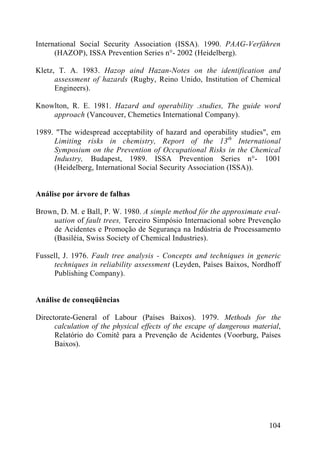 International Social Security Association (ISSA). 1990. PAAG-Verfàhren
(HAZOP), ISSA Prevention Series n°- 2002 (Heidelberg).
Kletz, T. A. 1983. Hazop aind Hazan-Notes on the identification and
assessment of hazards (Rugby, Reino Unido, Institution of Chemical
Engineers).
Knowlton, R. E. 1981. Hazard and operability .studies, The guide word
approach (Vancouver, Chemetics International Company).
1989. "The widespread acceptability of hazard and operability studies", em
Limiting risks in chemistry, Report of the 13th
International
Symposium on the Prevention of Occupational Risks in the Chemical
Industry, Budapest, 1989. ISSA Prevention Series n°- 1001
(Heidelberg, International Social Security Association (ISSA)).
Análise por árvore de falhas
Brown, D. M. e Ball, P. W. 1980. A simple method fór the approximate eval-
uation of fault trees, Terceiro Simpósio Internacional sobre Prevenção
de Acidentes e Promoção de Segurança na Indústria de Processamento
(Basiléia, Swiss Society of Chemical Industries).
Fussell, J. 1976. Fault tree analysis - Concepts and techniques in generic
techniques in reliability assessment (Leyden, Países Baixos, Nordhoff
Publishing Company).
Análise de conseqüências
Directorate-General of Labour (Países Baixos). 1979. Methods for the
calculation of the physical effects of the escape of dangerous material,
Relatório do Comitê para a Prevenção de Acidentes (Voorburg, Países
Baixos).
104
 