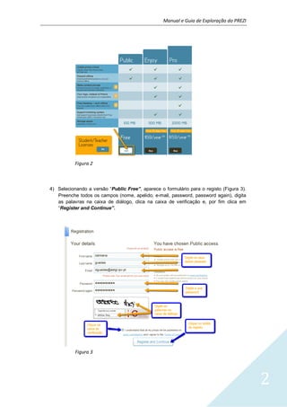 Manual e Guia de Exploração do PREZI
2
Figura 2
4) Selecionando a versão “Public Free”, aparece o formulário para o registo (Figura 3).
Preenche todos os campos (nome, apelido, e-mail, password, password again), digita
as palavras na caixa de diálogo, clica na caixa de verificação e, por fim clica em
“Register and Continue”.
Figura 3
 