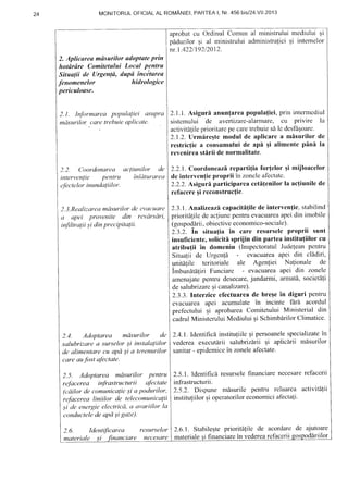 2. Aplicarea mdsuriktr adoptateprin
hotdrire Comitetului Local pentru
Sitaayii cle Urgen(d, dupd tncdtareu
Jbnomenelor
periculoase.
2.1. Informarea populaliei asLtpra
mdsurilor,c:are trebuie aplicate.
2.2. Coordonarea acliunilor de
interventie pentnt inliilurarect
afectelor inundalii lor.
2.3.Realizarea mdsurilor de evacuarc
a apei provenite din revdrsdri,
infiltralii ;i din preciPitalii.
2.4. Adoptarea mdsurilor de
sctlubrizare a surselor ;i in,slctlaliilor
dt, alimenlare cu apd $i a l(renurilor
care aufosl afectate.
2.5. Adoptarea mdsurilor Pentru
refacerea infrastrur:turii aJt:clate
(cdilor de comunicalie ;i a podurilor,
refacerea liniilor de lelect.tmunicalii
;i de energie electricd, a avariilor la
t'onductelcde aPa si guzc).
2.6. Identificarea resurselor
materialc .li /inunt'iare ne(csarc
24 MONITORULOFICIAT-AL ROMANIEI,PARTEAI, NT.456 biS/24.VII-2013
aprobatcu Ordinul Comun
pddurilorgi al ministrului
nr.1.422119212012.
al ministruluimediuluiEi
administra{icigi intemelor
2.1.1.Asigurl anunfareapopulafiei,prin intermedir-rl
sistemului dc avertizare-alarmare,cu privire la
activitAtileprioritarcpe caretrebuies[ lc desld;oarc.
2.7.2.IJrmlre;tc modul de aplicarca mlsurilor de
restric{iea consumuluide api qi alimcntepAnI la
revcnireasl.irii dc normalitate.
2.2.1.Coordoneazirepartifia for{elor qi mijloacelor
de intervetr{ieproprii in zoncleafectatc.
2.2.7.Asiguri participareacetifenilor la actiunilede
refaceregireconstruc{ie.
2.3.l. Analizeazilcapacitlfilede intervenfie.stabilind
priorilllile deacliunepentruevacuareaapeidin irnobile
(gospod[rii,obiectiveeconomico-sociale).
2.3.2. ln situa{ia in care resurselcproprii sunt
insuficiente,soliciti sprijin din parteainstitu{iilorcu
atribu{ii in domeniu (Inspectoratul.ludeleanpentru
Situalii de Urgcn!6 - evacuareaapei din cl6diri,
unitAlile teritoriale ale Agen{iei Nalionale de
imbundti{iri Funciare - evacuareaapei din zonele
arnenajatepentru desecare,jandarmi,armat6,societ[li
desalubriza.rcgicanalizare).
2.3.3.Interziceefectuareade breqein diguri pentru
evacuareaapei acumulate in incinte fdrEi acordul
prcfectului gi aprobareaComitetului Ministerial din
cadrulMinistcruluiMediului9i SchimbdrilorClimatice.
2.4.1.ldentifici institu{iileqi persoanelespecializatein
vedereaexecutirii salubrizf,rii gi aplic6rii mdsurilor
sanitar- epidemicein zoneleafectate.
2.5.1. Identiftci resurselefinanciarenccesarerefaccrii
infrastructurii.
2.5.2. Dispune misurile pentru reluarea activitAtii
institufiilorqi operatoriloreconomiciaf-ectati.
2.6.1. Stabileqteprioritifile de aoordarcde ajutoare
materiale si financiare in vederearefacerir Sriilor
 