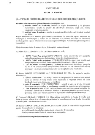 28 MONITORULOFlclAt-ALROMANIEI,PARTEAI,Nr.456bis/24.Vll2013
CAPITOLLILIII
ANEXE I,A M,ANUAL
III.1. PRAGURI CRITICE PENTRUFENOMENEHIDROLOGICE PERICULOASE
Mdrimile caracteristicedeapdrare tmpotriva inundaliilor sunt'.
a) mirimi zonale de avertizare, stabilitela staliile hidronrctriceqi 1a posturile
pluviometricc silualc in amonte de obicctivele periclitate, dupi ctLz,pentru
precipitalii,nivelurisaudebite;
b) m[rimi localede apilrare,stabilitein apropiereaobicctivelor,subformi dc niveluri
' . saudcbitc.
Staliile hidrometricegi posturilepluviometriccavertizoarefac parte din rejeauzrnafionald<le
hidrologiesi meteorologie;i trcbuie sd fie amplasatela o distanldsuficientdde obieclivul
avertizal,pentrua putcafi luaternisurileneccsareprestabiliteprin Planurilcdeapdrareimpotriva
inundafiilor.
M[rimilc caracteristiccdeapilrareincazdeinundalii,sunturmitoarele:
A) PentruZONELEit>tCUrn ALE,CURSURILORDE,APA:
a) COTA FAZEI I de apdrare(COD GALBEN) - atuncicAndnivelul apeiajungela
piciorultaluzuluiexterioral diguluipe o treimedin lungimeaacestuia;
b) COTA FAZEI tt II-a de apdrare(COD PORTOCALIU) - atuncicAndnivelul apei
ajungelajumf,tatcainll{imii dintrecolaf'azetI qi ceaafazeia III-a deapdrare;
c) COTA FAZEI a III-a de apdrare(COD RO$U) - atuncicAndnivelul apeiajungela
0,5-1,5m subcotanil'elurilorapelormaximecunoscutesausubcotaniveluluimaxim
pen1rucares-adirnensionatdigulrespectivsaula depdgireaunuipunctcritic.
I)) pentru zoNELE NE.NDIGUITE ALE CURSURILOR DE APA, in secliunile staliilor
hidrometrice:
a) cotade atenlie(COD GALBEN) - nivelulla carepericolulde inundareesteposibil
dupi un interval de timp relativ scur1,necesi6nd o vigilenld sporitii in cazul
desldqurdriiunoractivit[ficxpusela inundafii;
b) cota de inundalie (COD PORTOCAI-IU) - nivelul la care se produc revirsdri
importantecarepot conducela inundareadegospodariiEiobiectivesocial-cconomice;
c) cota depericol (COD RO$U) - nivelul la caresunt necesarcmdsuridcosebitede
cvacuarea oamenilorEi bunurilor,restriclii la folosireapodurilor gi ciilor rutiere,
precumgi luareaunormbsurideosebitein exploatarcaconstruc{iilorhidrotehnice.
C) Pen1ruACTJMULARI:FAZELE I, ll $l III de aphrarcsuntstabilitein funcliedenivelulapei
in lac qi debitulafluentEisc calculeazd,de proiectantin ecartulcuprinsintre Nivelul Normal de
Retenlie(NNR)qiCoti creastddeversor.
D) PentruCOMPORTAREABARAJELOR, PRIG|URILECRITICEsuntstabilitede proiectant
penlruflecareobiectivin func{iede:
a)nivelulapeiin lac,cdndaccstadeplqcqtecotacrcsteideversorului,
b) atingercaunorvalori lirnitdin comportareaconstruc!iei.
Valorile limitd tn comportareaconstruc(iei slunt:
 