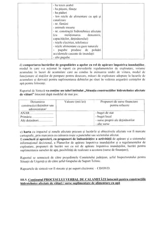 - hatcrenarabil
- hapiquni,16nc{e
- hapaduri
- km re(elede alimenlarecu ap[ gi
canalizarc
- nr. f6ntAni
- animalemoartc
- nr. construcfiihidrotehniceafectate
(cu menlionarca denurnirii,
czrpacitdliIor, detinbtomlui)
- refeleclcctrice,telefonice
- relclcalimentarecugazenaturale
- pagube produse dc poludri
d) comportarca lucririlor de gospodirire a apelor cu rol de apirare impotriva inundafiilor,
modul in care s-a ac{ionat in raport cu prevederile regulamentelor de exploatare,volumc
acumulate in lacuri dc acumularc care au condus la atcnuareaundei dc viitura, modul dc
funclionarc al slaliilor de pompare penl.rudesecare,misuri de exploatareadoptatcla lacurilc dc
acumulareqi derivalii pentru suplirnentareadebitelorpc rAuri in vcdereaasiguririi cerin(elordc
apii pcntru folosin{e.
Raportul dc Sintezl va confine un tabcl intitulat o,Situa{iaconstruc{iilor hidrotehnice af'ectate
de viituri" intocrnitdupdnrodelulclernaijos:
Valoarc (mii lci) Propuneri de sursefinanciare
pentru refaccrc
ANNR
Primiria.
Alti dctinatori..................
- bugetde stat
- bugetlocal
- surscpropriialcdc{inirtrlrilor
- altesursc
e) harta cu impactulqi zoneleaf-ectateprecumEilucririle qi obiectiveleafcctatevor fi marcate
carlografic,prin marcareacu culoarearoEieapunctuluisausectoruluiafcctat.
f) concluziiEiaprecieri,cu propuneri de imbuniti{ire a activiti{ii de apf,rareEia sistemului
informalionaldecizional,a Planurilorde apdrarcimpolriva inundaliilor gi a regulamentelorde
exploalare,propuneride lucriri r-roicu rol de apdrarerimpotriva inunda{iilor,lucrdri pentru
suplimentarcasurselordcapi, posibilitalidcrealizarea acestora(sursedefinanfare);
Raporlulse semncazide cbtreprcEedinteleComitetuluijudelean,EefulInspectoratuluipentru
Situa(iideUrgen{aEidecitre EefulGrupuluideSuportTchnic.
Rapoartcledc sintezirvor fi stocateqipesuportelectronic CIDiDVD.
lII.5. Continutul PROCESULUIVEITBAL DE CALAMI'IATI intocmit pentru construcfiile
hidrotehniceafectatcdeviituri / surscsuplimentarede alimentarecu api
accidentale cauzatede inundatii
- altcna{rube
Denumirea
construc(ici/de{inltorsau
adrninistrator/
 