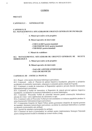 MONITORULOFICIALAL-ROMANIEI,PARTEAI, Nr.456 biS/24.VII"2013
CUPRINS
PREFATA
CAPITOLUL I - GN,NERALITATI
CAPITOLULII
II.1. MANAGEMENTUT, SITTJATIILORDE URGT]NTAGENERATE DE INUNDATII
A. Misuri prcvcntivcqidepregitire
B. Misuri operativedc intervenfie
- COD GALBEN pcntru inundafii
- COD PORTOCALIU pentruinunda{ii
- COD RO$U pentru inundafii
C. MIsuri dc reabilitare
11.2. MANAGEMENTUL SITUATIILOR DB URGENTA GENERATE DE SIICETA
HIDROLOGICA
A. MIsuri prevcntiveqideprcgltire
B. Misuri operativede interven!.ie
. I'AZA DT]ATEN TIE/AVERTIZARE
.FAZA DI] RESTICTII
CAPITOLUL III - ANEXE I,A MANUAL
llI.l. Praguricriticepentrufenomcnehidrologicepericuloase;
lII.2. Conlinutul cadrual Planuluide apirareimpotrivainundaliilor,ghelurilorqi poludrilor
accidentaleal comitetelormunicipale,ordgeneqliqicomunalepentrusitualiideUrgenli;
IlI.3. Conlinutul qi modul de transmitereal Rapoarteloroperativeprivind efectelefenomcnelor
hidrometeorologicepericuloase;
III.4. Conlinutul qi rnodul de transrnitereal Raporluluide sintezdprivind apdtateairnpotriva
inundaliilor,accidentelorla construcliihidrotehnicegiseceteihidrologice;
III.5. Conlinulul ProcesuluiVerbal de calamitlli intocmit pentru construcliilehidrotehnice
af-ectatedeviituri / sursesuplimcntaredc alimentarecu apd;
III.6. Conlinutulcadrual ProcesuluiVerbalprivind constatareaqi evaluareapagubelorprodusein
urmafcnomenelorhidrometeorologicepericuloase,
III.7. ComponenlaGrupuluidc SuportTehnicpentrugcstionareasituafiilorde urgenldgeneratc
de inundalii,fenomenemeteorologicepericuloase,accidentela construcliihidrotehniccgipoluIri
accidentaleqiprincipalelesaleatribulii;
III.8.AgcntuldeinundaliiEiprincipalelelui atribulii;
IIl.9. Comitetulde bazinEiprincipalelelui atribuliipentruimplementareaStrategieiNalionale
pentrumanagcmentulrisculuila inundaliipetermenmediuEilung.
 