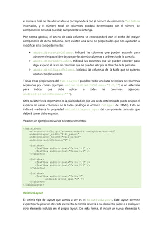 el número final de filas de la tabla se corresponderá con el número de elementos TableRow
insertados, y el número total de columnas quedará determinado por el número de
componentes de la fila que más componentes contenga.

Por norma general, el ancho de cada columna se corresponderá con el ancho del mayor
componente de dicha columna, pero existen una serie de propiedades que nos ayudarán a
modificar este comportamiento:

    android:stretchColumns. Indicará las columnas que pueden expandir para
     absorver el espacio libre dejado por las demás columnas a la derecha de la pantalla.
    android:shrinkColumns. Indicará las columnas que se pueden contraer para
     dejar espacio al resto de columnas que se puedan salir por la derecha de la pantalla.
    android:collapseColumns. Indicará las columnas de la tabla que se quieren
     ocultar completamente.

Todas estas propiedades del TableLayout pueden recibir una lista de índices de columnas
separados por comas (ejemplo: android:stretchColumns=”1,2,3”) o un asterisco
para    indicar    que    debe   aplicar  a   todas      las     columnas      (ejemplo:
android:stretchColumns=”*”).

Otra característica importante es la posibilidad de que una celda determinada pueda ocupar el
espacio de varias columnas de la tabla (análogo al atributo colspan de HTML). Esto se
indicará mediante la propiedad android:layout_span del componente concreto que
deberá tomar dicho espacio.

Veamos un ejemplo con varios de estos elementos:

<TableLayout
    xmlns:android="http://schemas.android.com/apk/res/android"
    android:layout_width="fill_parent"
    android:layout_height="fill_parent"
    android:stretchColumns="1" >

    <TableRow>
        <TextView android:text="Celda 1.1" />
        <TextView android:text="Celda 1.2" />
    </TableRow>

    <TableRow>
        <TextView android:text="Celda 2.1" />
        <TextView android:text="Celda 2.2" />
    </TableRow>

    <TableRow>
        <TextView android:text="Celda 3"
                android:layout_span="2" />
    </TableRow>
</TableLayout>


RelativeLayout

El último tipo de layout que vamos a ver es el RelativeLayout. Este layout permite
especificar la posición de cada elemento de forma relativa a su elemento padre o a cualquier
otro elemento incluido en el propio layout. De esta forma, al incluir un nuevo elemento A
 