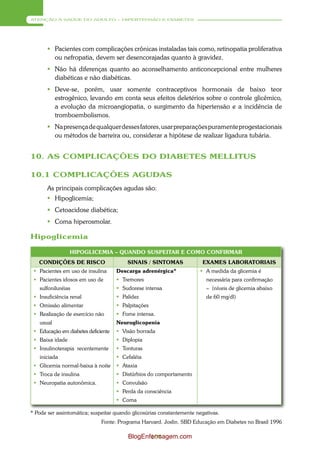 ATENÇÃO À SAÚDE DO ADULTO – HIPERTENSÃO E DIABETES




        Pacientes com complicações crônicas instaladas tais como, retinopatia proliferativa
         ou nefropatia, devem ser desencorajadas quanto à gravidez.
        Não há diferenças quanto ao aconselhamento anticoncepcional entre mulheres
         diabéticas e não diabéticas.
        Deve-se, porém, usar somente contraceptivos hormonais de baixo teor
         estrogênico, levando em conta seus efeitos deletérios sobre o controle glicêmico,
         a evolução da microangiopatia, o surgimento da hipertensão e a incidência de
         tromboembolismos.
        Na presença de qualquer desses fatores, usar preparações puramente progestacionais
         ou métodos de barreira ou, considerar a hipótese de realizar ligadura tubária.


10. AS COMPLICAÇÕES DO DIABETES MELLITUS

10.1 COMPLICAÇÕES AGUDAS
       As principais complicações agudas são:
        Hipoglicemia;
        Cetoacidose diabética;
        Coma hiperosmolar.

Hipoglicemia

                 HIPOGLICEMIA – QUANDO SUSPEITAR E COMO CONFIRMAR
   CONDIÇÕES DE RISCO                    SINAIS / SINTOMAS              EXAMES LABORATORIAIS
  Pacientes em uso de insulina      Descarga adrenérgica*              A medida da glicemia é
  Pacientes idosos em uso de         Tremores                           necessária para confirmação
   sulfoniluréias                     Sudorese intensa                   – (níveis de glicemia abaixo
  Insuficiência renal                Palidez                            de 60 mg/dl)
  Omissão alimentar                  Palpitações
  Realização de exercício não        Fome intensa.
   usual                             Neuroglicopenia
  Educação em diabetes deficiente    Visão borrada
  Baixa idade                        Diplopia
  Insulinoterapia recentemente       Tonturas
   iniciada                           Cefaléia
  Glicemia normal-baixa à noite      Ataxia
  Troca de insulina                  Distúrbios do comportamento
  Neuropatia autonômica.             Convulsão
                                      Perda da consciência
                                      Coma

* Pode ser assintomática; suspeitar quando glicosúrias constantemente negativas.
                              Fonte: Programa Harvard. Joslin. SBD Educação em Diabetes no Brasil 1996

                                         BlogEnfermagem.com
                                                104
 