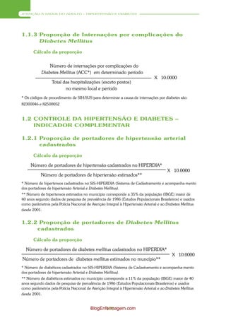 ATENÇÃO À SAÚDE DO ADULTO – HIPERTENSÃO E DIABETES




1.1.3 Proporção de Internações por complicações do
      Diabetes Mellitus

       Cálculo da proporção


                Número de internações por complicações do
            Diabetes Mellitus (ACC*) em determinado período
                                                                               X 10.0000
                  Total das hsopitalizações (exceto postos)
                         no mesmo local e período
* Os códigos de procedimento de SIH/SUS para determinar a causa de internações por diabetes são:
82300046 e 82500052


1.2 CONTROLE DA HIPERTENSÃO E DIABETES –
    INDICADOR COMPLEMENTAR

1.2.1 Proporção de portadores de hipertensão arterial
      cadastrados

       Cálculo da proporção

     Número de portadores de hipertensão cadastrados no HIPERDIA*
                                                                                       X 10.0000
           Número de portadores de hipertensão estimados**
* Número de hipertensos cadastrados no SIS-HIPERDIA (Sistema de Cadastramento e acompanha-mento
dos portadores de hipertensão Arterial e Diabetes Mellitus).
** Número de hipertensos estimados no município corresponde a 35% da população (IBGE) maior de
40 anos segundo dados de pesquisa de prevalência de 1986 (Estudos Populacionais Brasileiros) e usados
como parâmetros pela Polícia Nacional de Atenção Integral à Hipertensão Arterial e ao Diabetes Mellitus
desde 2001.


1.2.2 Proporção de portadores de Diabetes Mellitus
     cadastrados

       Cálculo da proporção

  Número de portadores de diabetes mellitus cadastrados no HIPERDIA*
                                                                                          X 10.0000
Número de portadores de diabetes mellitus estimados no muncípio**
* Número de diabéticos cadastrados no SIS-HIPERDIA (Sistema de Cadastramento e acompanha-mento
dos portadores de hipertensão Arterial e Diabetes Mellitus).
** Número de diabéticos estimados no município corresponde a 11% da população (IBGE) maior de 40
anos segundo dados de pesquisa de prevalência de 1986 (Estudos Populacionais Brasileiros) e usados
como parâmetros pela Polícia Nacional de Atenção Integral à Hipertensão Arterial e ao Diabetes Mellitus
desde 2001.


                                         BlogEnfermagem.com
                                                170
 