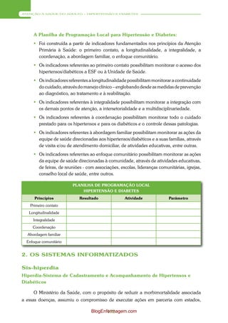 ATENÇÃO À SAÚDE DO ADULTO – HIPERTENSÃO E DIABETES




     A Planilha de Programação Local para Hipertensão e Diabetes:
      Foi construída a partir de indicadores fundamentados nos princípios da Atenção
       Primária à Saúde: o primeiro contato, a longitudinalidade, a integralidade, a
       coordenação, a abordagem familiar, o enfoque comunitário.
      Os indicadores referentes ao primeiro contato possibilitam monitorar o acesso dos
       hipertensos/diabéticos a ESF ou à Unidade de Saúde.
      Os indicadores referentes a longitudinalidade possibilitam monitorar a continuidade
       do cuidado, através do manejo clínico – englobando desde as medidas de prevenção
       ao diagnóstico, ao tratamento e à reabilitação.
      Os indicadores referentes à integralidade possibilitam monitorar a integração com
       os demais pontos de atenção, a intersetorialidade e a multidisciplinariedade.
      Os indicadores referentes à coordenação possibilitam monitorar todo o cuidado
       prestado para os hipertensos e para os diabéticos e o controle dessas patologias.
      Os indicadores referentes à abordagem familiar possibilitam monitorar as ações da
       equipe de saúde direcionadas aos hipertensos/diabéticos e a suas famílias, através
       de visita e/ou de atendimento domiciliar, de atividades educativas, entre outras.
      Os indicadores referentes ao enfoque comunitário possibilitam monitorar as ações
       da equipe de saúde direcionadas à comunidade, através de atividades educativas,
       de feiras, de reuniões - com associações, escolas, lideranças comunitárias, igrejas,
       conselho local de saúde, entre outros.

                         PLANILHA DE PROGRAMAÇÃO LOCAL
                             HIPERTENSÃO E DIABETES
      Princípios            Resultado              Atividade              Parâmetro
    Primeiro contato
   Longitudinalidade
     Integralidade
     Coordenação
  Abordagem familiar
  Enfoque comunitário


2. OS SISTEMAS INFORMATIZADOS

Sis-hiperdia
Hiperdia-Sistema de Cadastramento e Acompanhamento de Hipertensos e
Diabéticos

     O Ministério da Saúde, com o propósito de reduzir a morbimortalidade associada
a essas doenças, assumiu o compromisso de executar ações em parceria com estados,

                                  BlogEnfermagem.com
                                         172
 