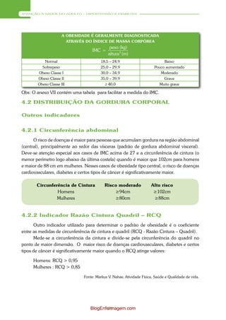 ATENÇÃO À SAÚDE DO ADULTO – HIPERTENSÃO E DIABETES




                      A OBESIDADE É GERALMENTE DIAGNOSTICADA
                        ATRAVÉS DO ÍNDICE DE MASSA CORPÓREA
                                             peso (kg)
                                   IMC =
                                            altura 2 (m)
           Normal                      18,5 – 24,9                          Baixo
          Sobrepeso                    25,0 – 29,9                     Pouco aumentado
        Obeso Classe I                 30,0 – 34,9                        Moderado
        Obeso Classe II                35,0 – 39,9                          Grave
        Obeso Classe III                 ≥ 40,0                          Muito grave

Obs: O anexo VII contém uma tabela para facilitar a medida do IMC.

4.2 DISTRIBUIÇÃO DA GORDURA CORPORAL

Outros indicadores


4.2.1 Circunferência abdominal
      O risco de doenças é maior para pessoas que acumulam gordura na região abdominal
(central), principalmente ao redor das vísceras (padrão de gordura abdominal visceral).
Deve-se atenção especial aos casos de IMC acima de 27 e a circunferência de cintura (o
menor perímetro logo abaixo da última costela) quando é maior que 102cm para homens
e maior de 88 cm em mulheres. Nesses casos de obesidade tipo central, o risco de doenças
cardiovasculares, diabetes e certos tipos de câncer é significativamente maior.

       Circunferência de Cintura          Risco moderado             Alto risco
                Homens                        ≥94cm                   ≥102cm
                Mulheres                      ≥80cm                   ≥88cm


4.2.2 Indicador Razão Cintura Quadril – RCQ
      Outro indicador utilizado para determinar o padrão de obesidade é o coeficiente
entre as medidas de circunferência de cintura e quadril (RCQ - Razão Cintura – Quadril).
      Mede-se a circunferência da cintura e divide-se pela circunferência do quadril no
ponto de maior dimensão. O maior risco de doenças cardiovasculares, diabetes e certos
tipos de câncer é significativamente maior quando o RCQ atinge valores:

     Homens: RCQ > 0,95
     Mulheres : RCQ > 0,85

                              Fonte: Markus V. Nahas; Atividade Física, Saúde e Qualidade de vida.




                                  BlogEnfermagem.com
                                          76
 