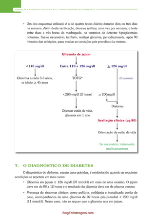 ATENÇÃO À SAÚDE DO ADULTO – HIPERTENSÃO E DIABETES




      Um dos esquemas utilizado é o de quatro testes diários durante dois ou três dias
       na semana. Além desta verificação, deve-se realizar, uma vez por semana, o teste
       entre duas e três horas da madrugada, na tentativa de detectar hipoglicemias
       noturnas. Faz-se necessário, também, realizar glicemia, periodicamente, após 90
       minutos das refeições, para avaliar as variações pós-prandiais da mesma.



                                 Glicemia de jejum


       <110 mg/dl               Entre 110 e 126 mg/dl             > 126 mg/dl


 Glicemia a cada 3-5 anos,               TOTG*                             (2 ocasiões)
    se idade > 45 anos


                                  <200 mg/dl (2 horas)      > 200mg/dl


                                                                      Diabetes
                                 Orientar estilo de vida,
                                   glicemia em 1 ano
                                                            Avaliação clínica (pg.80)


                                                            Orientação de estilo de vida


                                                             Se necessário, tratamento
                                                                 medicamentoso




7.   O DIAGNÓSTICO DE DIABETES
     O diagnóstico do diabetes, exceto para grávidas, é estabelecido quando as seguintes
condições se repetem em mais vezes:
      Glicemia em jejum ≥ 126 mg/dl (07 mmol/l) em mais de uma ocasião. O jejum
       deve ser de 08 a 12 horas e o resultado da glicemia deve ser de plasma venoso.
      Presença de sintomas clínicos como poliúria, polidpsia e inexplicada perda de
       peso, acompanhados de uma glicemia de 02 horas pós-prandial ≥ 200 mg/dl
       (11 mmol/l). Nesse caso, não se requer que a glicemia seja em jejum.


                                  BlogEnfermagem.com
                                          80
 