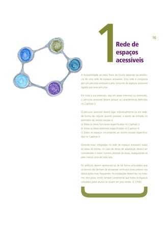 16
Rede de
espaços
acessíveis
A Acessibilidade ao meio físico da Escola depende da existên-
cia de uma rede de espaços acessíveis. Essa rede é composta
por um percurso acessível e pelo conjunto de espaços acessíveis
ligados por esse percurso.
Em toda a sua extensão, seja em áreas interiores ou exteriores,
o percurso acessível deverá possuir as características definidas
no Capítulo 2.
O percurso acessível deverá ligar, individualmente ou em rede,
de forma tão regular quanto possível, o ponto de entrada no
perímetro do recinto escolar a:
a) Todas as áreas funcionais especificadas no Capítulo 3;
b) Todas as áreas exteriores especificadas no Capítulo 4;
c) Todos os espaços circundantes ao recinto escolar especifica-
dos no Capítulo 6.
Deverão estar integradas na rede de espaços acessíveis todas
as áreas da escola; no caso de obras de adaptação deverá ser
considerado o maior número possível de áreas, assegurando-se
pelo menos uma de cada tipo.
Os edifícios devem apresentar-se de tal forma articulados que
os alunos não tenham de atravessar nenhuma zona exterior nas
deslocações mais frequentes. As instalações devem ter, no máxi-
mo, dois pisos, sendo sempre conveniente que todos os espaços
utilizados pelos alunos se situem em piso térreo. (C.E-ME)
1
 