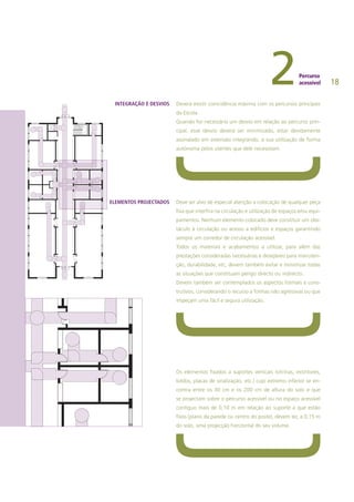 18
Deverá existir coincidência máxima com os percursos principais
da Escola.
Quando for necessário um desvio em relação ao percurso prin-
cipal, esse desvio deverá ser minimizado, estar devidamente
assinalado em extensão integrando, a sua utilização de forma
autónoma pelos utentes que dele necessitam.
Deve ser alvo de especial atenção a colocação de qualquer peça
fixa que interfira na circulação e utilização de espaços e/ou equi-
pamentos. Nenhum elemento colocado deve constituir um obs-
táculo à circulação ou acesso a edifícios e espaços garantindo
sempre um corredor de circulação acessível.
Todos os materiais e acabamentos a utilizar, para além das
prestações consideradas necessárias e desejáveis para manuten-
ção, durabilidade, etc, devem também evitar e minimizar todas
as situações que constituam perigo directo ou indirecto.
Devem também ser contemplados os aspectos formais e cons-
trutivos, considerando o recurso a formas não agressivas ou que
impeçam uma fácil e segura utilização.
Os elementos fixados a suportes verticais (vitrinas, extintores,
toldos, placas de sinalização, etc.) cujo extremo inferior se en-
contra entre os 30 cm e os 200 cm de altura do solo e que
se projectam sobre o percurso acessível ou no espaço acessível
contíguo mais de 0,10 m em relação ao suporte a que estão
fixos (plano da parede ou centro do poste), devem ter, a 0,15 m
do solo, uma projecção horizontal do seu volume.
INTEGRAÇÃO E DESVIOS
ELEMENTOS PROJECTADOS
 