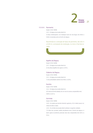 21
Pavimento
Secção 2.4 (DL 163/06)
2.4.3 – Os degraus das escadas devem ter:
5) Faixas antiderrapantes e de sinalização visual com uma largura não inferior a
0,04m e encastradas junto ao focinho dos degraus.
Recomenda-se a colocação de faixas de pavimento, (de 0,02 m
a 0,04 m), contrastante de sinalização, no início e final das es-
cadas.
Espelho do Degrau
Secção 2.4 (DL 163/06)
2.4.3 – Os degraus das escadas devem ter:
2) Uma altura (espelho) não superior a 0,18 m;
Cobertor do Degrau
Secção 2.4 (DL 163/06)
2.4.3 – Os degraus das escadas devem ter:
1) Uma profundidade (cobertor) não inferior a 0,28 m;
Focinho
Secção 2.4 (DL 163/06)
2.4.3 – Os degraus das escadas devem ter:
4) A aresta do focinho boleada com um raio de curvatura compreendido entre
0,005 m e 0,01 m;
Corrimão
Secção 2.4 (DL 163/06)
2.4.8 – As escadas que vencerem desníveis superiores a 0,4 m devem possuir cor-
rimãos de ambos os lados.
2.4.9 – Os corrimãos das escadas devem satisfazer as seguintes condições:
1) A altura dos corrimãos, medida verticalmente entre o focinho dos degraus e o
bordo superior do elemento preensível, deve estar compreendida entre 0,85 m e
0,9 m;
ESCADAS
 