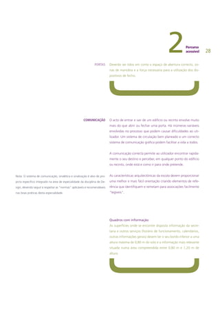 28
Deverão ser tidos em conta o espaço de abertura correcto, zo-
nas de manobra e a força necessária para a utilização dos dis-
positivos de fecho.
O acto de entrar e sair de um edifício ou recinto envolve muito
mais do que abrir ou fechar uma porta. Há inúmeras variáveis
envolvidas no processo que podem causar dificuldades ao uti-
lizador. Um sistema de circulação bem planeado e um correcto
sistema de comunicação gráfica podem facilitar a vida a todos.
A comunicação correcta permite ao utilizador encontrar rapida-
mente o seu destino e perceber, em qualquer ponto do edifício
ou recinto, onde está e como ir para onde pretende.
As características arquitectónicas da escola devem proporcionar
uma melhor e mais fácil orientação criando elementos de refe-
rência que identifiquem e remetam para associações facilmente
“legíveis”.
Quadros com informação
As superfícies onde se encontre disposta informação da secre-
taria e outros serviços (horário de funcionamento, calendários,
outras informações gerais) devem ter o seu bordo inferior a uma
altura máxima de 0,80 m do solo e a informação mais relevante
situada numa área compreendida entre 0,80 m e 1,20 m de
altura.
PORTAS
COMUNICAÇÃO
Nota: O sistema de comunicação, sinalética e sinalização é alvo de pro-
jecto específico integrado na área de especialidade da disciplina de De-
sign, devendo seguir e respeitar as “normas” aplicáveis e recomendáveis
nas boas práticas desta especialidade.
 