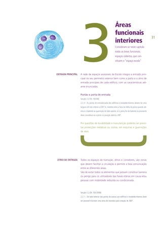 31
Áreas
funcionais
interiores
3A rede de espaços acessíveis da Escola integra a entrada prin-
cipal no seu perímetro exterior bem como a porta e o átrio de
entrada principais de cada edifício, com as características adi-
ante enunciadas.
Portão e porta de entrada
Secção 2.2 (DL 163/06)
2.2.3 – As portas de entrada/saída dos edifícios e estabelecimentos devem ter uma
largura útil não inferior a 0.87 m, medida entre a face da folha da porta quando ab-
erta e o batente ou guarnição do lado oposto; se a porta for de batente ou pivotante
deve considerar-se a porta na posição aberta a 90º.
Por questões de durabilidade e manutenção poderão ser previs-
tas protecções metálicas ou outras, em esquinas e guarnições
de vãos.
Todos os espaços de transição, átrios e corredores, são zonas
que devem facilitar a circulação e permitir a boa comunicação
entre as diferentes áreas.
São de evitar todos os elementos que possam constituir barreira
ou perigo para os utilizadores das faixas etárias em causa e/ou
pessoas com mobilidade reduzida ou condicionada.
Secção 2.2 (DL 163/2006)
2.2.1 – Do lado exterior das portas de acesso aos edifícios e estabelecimentos deve
ser possível inscrever uma zona de manobra para rotação de 360º.
ENTRADA PRINCIPAL
ÁTRIO DE ENTRADA
Consideram-se neste capítulo
todas as áreas funcionais,
espaços cobertos, que con-
stituem o “espaço escola”
 