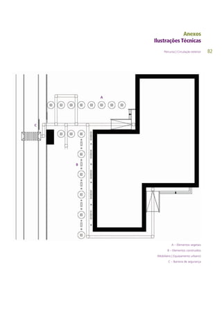 82
A – Elementos vegetais
B – Elementos construídos
(Mobiliário | Equipamento urbano)
C – Barreira de segurança
Percurso | Circulação exterior
A
B
C
 