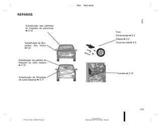 Jaune Noir Noir texte
0.9
PTB_UD77913_1
Dépannage (X52 Ph2 Amérique - Renault)
PTB_NU_1298-7_X52PH2_Renault_0
REPAROS
Substituição das palhetas
do limpador de para-brisa
➥ 5.18
Substituição de lâm-
padas dos faróis
➥ 5.9
Substituição da palheta do
limpador do vidro traseiro
➥ 5.18
Substituição de lâmpadas
de luzes traseiras ➥ 5.11
Fusíveis ➥ 5.19
Furo:
Ferramentas ➥ 5.3
Estepe ➥ 5.2
Troca de roda ➥ 5.5
 