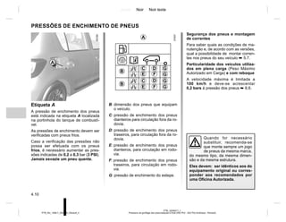 Jaune Noir Noir texte
4.10
PTB_UD58371_1
Pressions de gonflage des pneumatiques à froid (X52 Ph2 - X52 Ph2 Amérique - Renault)
PTB_NU_1298-7_X52PH2_Renault_4
PRESSÕES DE ENCHIMENTO DE PNEUS
Segurança dos pneus e montagem
de correntes
Para saber quais as condições de ma-
nutenção e, de acordo com as versões,
qual a possibilidade de montar corren-
tes nos pneus do seu veículo ➥ 5.7.
Particularidade dos veículos utiliza-
dos em plena carga (Peso Máximo
Autorizado em Carga) e com reboque
A velocidade máxima é limitada a
100 km/h e deve-se acrescentar
0,2 bars à pressão dos pneus ➥ 6.6.
Etiqueta A
A pressão de enchimento dos pneus
está indicada na etiqueta A localizada
na portinhola do tanque de combustí-
vel.
As pressões de enchimento devem ser
verificadas com pneus frios.
Caso a verificação das pressões não
possa ser efetuada com os pneus
frios, é necessário aumentar as pres-
sões indicadas de 0,2 a 0,3 bar (3 PSI).
Jamais esvazie um pneu quente.
B: dimensão dos pneus que equipam
o veículo.
C: pressão de enchimento dos pneus
dianteiros para circulação fora da ro-
dovia.
D: pressão de enchimento dos pneus
traseiros, para circulação fora da ro-
dovia.
E: pressão de enchimento dos pneus
dianteiros, para circulação em rodo-
via.
F: pressão de enchimento dos pneus
traseiros, para circulação em rodo-
via.
G: pressão de enchimento do estepe.
A
A
B
C
C
D
E F
F
E
D
G
G
Quando for necessário
substituir, recomenda-se
que monte sempre um jogo
de pneus da mesma marca,
do mesmo tipo, da mesma dimen-
são e da mesma estrutura.
Eles devem: ser idênticos aos do
equipamento original ou corres-
ponder aos recomendados por
uma Oficina Autorizada.
B
G
G
 