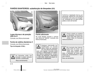 Jaune Noir Noir texte
5.10
PTB_UD72329_2
Feux avant : remplacement des lampes (X52 Ph2 - X52 Ph2 Amérique - Renault)
PTB_NU_1298-7_X52PH2_Renault_5
Luzes diurnas e de posição
LED 4 e 6
Consulte uma Oficina Autorizada.
Faróis de neblina dianteiros 5
Consulte uma Oficina Autorizada.
Tipo de lâmpada: H16LL.
As lâmpadas estão sob
pressão e podem estourar
durante a substituição.
Risco de ferimentos.
4
5
FARÓIS DIANTEIROS: substituição de lâmpadas (2/2)
Faróis adicionais
Se você desejar equipar o veículo
com faróis de “neblina”, consulte uma
Oficina Autorizada.
Tenha cuidado ao substituir
as lâmpadas. A troca de po-
sição entre elas pode oca-
sionar falha no funciona-
mento da lanterna.
No momento das interven-
ções perto do motor, pro-
ceda com cuidado, pois
pode estar quente. Além
disto, o ventilador do motor pode
entrar em funcionamento a qual-
quer instante.
Risco de ferimentos.
Qualquer intervenção (ou
modificação) no circuito
elétrico deve ser realizada
em uma Oficina Autorizada,
pois uma ligação incorreta pode
provocar a deterioração da instala-
ção elétrica (cabeamento, compo-
nentes, em particular o alternador)
e, além disto, dispõe das peças ne-
cessárias às adaptações.
Conforme a legislação local ou por
precaução, adquira em uma Oficina
Autorizada uma caixa de emergên-
cia, composta por um jogo de lâm-
padas e outro de fusíveis.
6
 