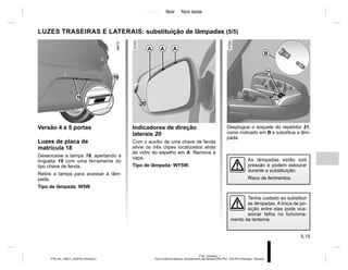 Jaune Noir Noir texte
5.15
PTB_UD58382_1
Feux arrière et latéraux: remplacement des lampes (X52 Ph2 - X52 Ph2 Amérique - Renault)
PTB_NU_1298-7_X52PH2_Renault_5
Versão 4 e 5 portas
Luzes de placa de
matrícula 18
Desencaixe a tampa 18, apertando a
lingueta 19 com uma ferramenta do
tipo chave de fenda.
Retire a tampa para acessar à lâm-
pada.
Tipo de lâmpada: W5W.
19
18
LUZES TRASEIRAS E LATERAIS: substituição de lâmpadas (5/5)
Indicadores de direção
laterais 20
Com o auxílio de uma chave de fenda
alivie os três clipes localizados atrás
do vidro do espelho em A. Remova a
capa.
Tipo de lâmpada: WY5W.
Desplugue o soquete do repetidor 21,
como indicado em B e substitua a lâm-
pada.
A A A
20
21
B
As lâmpadas estão sob
pressão e podem estourar
durante a substituição.
Risco de ferimentos.
Tenha cuidado ao substituir
as lâmpadas. A troca de po-
sição entre elas pode oca-
sionar falha no funciona-
mento da lanterna.
 