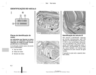 Jaune Noir Noir texte
6.2
PTB_UD60500_2
Plaque d’identification moteur (X52 Ph2 - X52 Ph2 Amérique - Renault)
PTB_NU_1298-7_X52PH2_Renault_6
IDENTIFICAÇÃO DO VEÍCULO
Placas de identificação do
motor
As indicações que figuram na placa
do motor ou a etiqueta A devem ser
referidas em todas as suas corres-
pondências ou solicitações.
(a localização poderá variar, de acordo
com a motorização)
1 Tipo do motor.
2 Índice do motor.
3 Número do motor.
A
1 2
3
A
A
Identificação do veículo B
Seu veículo é identificado, segundo
as normas internacionais, pelo VIN
(Número de Identificação do Veículo).
O VIN é uma combinação alfanumé-
rica que identifica seu veículo forne-
cendo informação codificada sobre o
fabricante, peculiaridades do modelo
etc, como também, um número que
o diferencia de outro veículo de igual
modelo.
É gravado no piso sob o assento dian-
teiro direito.
B
 