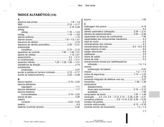 Jaune Noir Noir texte
7.1
PTB_UD77929_7
Index (X52 Ph2 - X52 Ph2 Amérique - Renault)
PTB_NU_1298-7_X52PH2_Renault_7
A
abertura das portas ....................................................1.8 – 1.9
ABS ...................................................................... 2.15 → 2.17
acessórios ................................................................3.18, 5.28
airbag
airbag.............................................................. 1.18 → 1.23
airbag.................................................................... 1.18 → 1.24
alarme antifurto..................................................................1.10
alarme sonoro....................................................1.8 – 1.9, 1.51
alavanca de câmbio...........................................................2.14
alavanca de câmbio automático........................... 2.29 → 2.31
antipoluição
conselhos........................................................ 2.10 → 2.12
aparelhos de controle.................................. 1.40 → 1.49, 1.51
apoios de cabeça .....................................................1.12, 3.21
aquecimento............................................................3.2 → 3.11
ar condicionado .......................................................3.2 → 3.11
assentos infantis............................... 1.25 – 1.26, 1.28 → 1.31
assistência de direção.......................................................2.14
autofalantes
localização ...................................................................5.27
auxílio à partida em terreno inclinado................... 2.15 → 2.17
auxílio ao estacionamento.................................... 2.25 → 2.28
B
banco traseiro.........................................................3.19 – 3.20
bancos dianteiros
regulagem.................................................................... 1.11
bancos dianteiros .............................................................. 1.11
bancos traseiros
funcionalidades.................................................3.19 – 3.20
barras de teto ....................................................................3.26
bateria
conserto ............................................................5.23 – 5.24
bateria..................................................................................4.9
baterias (controle remoto) .................................................5.22
buzina................................................................................1.52
C
calibragem dos pneus .......................................................4.10
calota...................................................................................5.4
câmbio automático (utilização)............................. 2.29 → 2.31
câmera de estacionamento .................................. 2.25 → 2.28
capacidade do tanque de combustível..............................1.56
capacidades dos componentes mecânicos.........................4.3
capô do motor......................................................................4.2
características dos motores.................................................6.3
características técnicas .......................................6.2 – 6.3, 6.8
carga máxima no teto..........................................................6.6
cargas rebocáveis ...............................................................6.6
catalisador ...........................................................................2.9
chave de calota ...................................................................5.3
chave de roda......................................................................5.3
chave/controle remoto por radiofrequência
utilização.................................................................1.2, 1.4
chaves
substituição da bateria.................................................5.22
chaves ...................................................................... 1.2 → 1.4
cintos de segurança ............................................. 1.13 → 1.23
cinzeiros ............................................................................3.18
comando integrado de telefone viva voz...........................3.27
comandos...............................................................1.38 – 1.39
combustível
abastecimento..............................................................1.57
dicas para economizar.................................... 2.10 → 2.12
qualidade .....................................................................1.56
computador de bordo ........................................... 1.45 → 1.49
condução....... 2.2, 2.4, 2.9 → 2.12, 2.14 → 2.26, 2.29 → 2.31
conselhos práticos..................... 5.9 – 5.10, 5.22, 5.29 → 5.33
contator de partida...............................................................2.2
controle anticorrosão............................................ 6.13 → 6.16
controle remoto de travamento...................................1.2 – 1.3
ÍNDICE ALFABÉTICO (1/4)
 