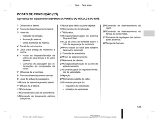 Jaune Noir Noir texte
1.39
PTB_UD60301_2
Poste de conduite direction à gauche (X52 Ph2 - X52 Ph2 Amérique - Renault)
PTB_NU_1298-7_X52PH2_Renault_1
POSTO DE CONDUÇÃO (2/2)
A presença dos equipamentos DEPENDE DA VERSÃO DO VEÍCULO E DO PAÍS.
1 Difusor de ar lateral.
2 Frisos de desembaçamento lateral.
3 Haste de:
– indicador de direção,
– iluminação externa,
– faróis dianteiros de neblina,
4 Painel de instrumentos.
5 Local para airbag do motorista e
buzina.
6 – Haste do limpador/lavador de
vidros do para-brisas e do vidro
traseiro.
– Comando de passagem das in-
formações do computador de
bordo.
7 Difusores de ar centrais.
8 Friso de desembaçamento central.
9 Local do airbag do passageiro.
10 Frisos de desembaçamento lateral.
11 Difusor de ar lateral.
12 Porta-luvas.
13 Comando das luzes de advertência.
14 Comando de travamento elétrico
das portas.
15 Local para rádio ou porta-objetos.
16 Comandos de climatização.
17 Obturador.
18 Ativação/desativação do sistema
Stop and Start.
19 Luz de aviso de lembrete sobre o
cinto de segurança do motorista.
20 Porta copos ou local para cinzeiro
(acessório opcional).
21 Tomada de acessórios
22 Freio de estacionamento.
23 Alavanca de câmbio.
24 Ativação/desativação do auxílio de
estacionamento;
25 Comando geral do regulador/limita-
dor de velocidade.
26 Ignição.
27 Comandos satélite do rádio.
28 Comando principal do:
– regulador de velocidade;
– limitador de velocidade.
29 Comando de destravamento do
capô.
30 Comando de destravamento do
tampa do porta-malas.
31 Comando de regulagem dos retrovi-
sores externos.
32 Tampa de fusíveis.
 
