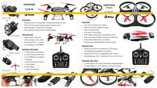 U$ 80.00
VLTOYSV959
FEATURES
• Remote Control for Flying, 360° rotating, video & photo catch.
• With 2.4G Transmitter with easy adjust frequency rave.
• Searching Lights, 2 front and 2 back lights.
• Scale remote control with built-in GYRO System.
DESCRIPTION
• Flight Duration: 8-10 min.
• Control Distance: 100 - 150 m.
• RechargingTime: 1 - 1.5 hours.
• Li-Polybattery 3.7V 500MAH.
PACKAGE INCLUDES
• 1 x Quad Copter with Camera
• 1 x 2.4G Transmitter with LCD.
• 1 x 3.7V 500mAh Li-Po Battery
• 1 x Charger
• 1 x Micro SD Card 2G Volume
• 1 x Card Reader.
• 4 x Main Blade.
• 1 x Operation Manual.
VLTOYSV262
(Cyclone)
U$ 90.00
Transmitter 2.4GHz
Transmitter 2.4GHz
FEATURES
• Four rotors are driven by 4 motors.
• Motors protected in plastic housings.
• Rotors are gear driven.
• Less stress on the motors.
• Rotor blades protected by a molded foam shell.
• Foam shells absorb impacts and protect the blades.
• Foam shells protect drone on collisions.
• On board gyro and adjustable control sensitivity.
DESCRIPTION
• 2.4Ghz 4-Channel remote with built-inLCD display.
• 7.4v 850mAh RechargeableLi-Po battery.
• Flying time: 8 - 10 min | Charging time: 60 - 90 min.
• Operating range: 150 m | Measures: 55 cm x 55 cm x 5cm.
PACKAGE INCLUDES
• 1 x V262 Quad | 4ch 2.4Ghz Transmitter |Charging adapter.
• 4 x Spare Blades | 1 x Li-Po Battery |Instruction Manual.
 