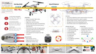 Heli-Max230Si
U$ 180.00
FEATURES
• Beginner and expert flight modes.
• Fly indoors or outdoors.
• Flights times: up to 15 minutes.
• Fail-Safe: when radio signal is lost while flying
the drone holds for one minute and starts a
slowly descend.
• Two versions of the 230Si: HD digital onboard
camera plus 2GB memory card or without it.
• 2.4GHZ SLT compatible transmitter.
• LEDs integrated into the body for low-light
conditions.
DESCRIPTION
• Rotor Diameter: 14.4 cm.
• Diagonal Dimensions:23.0 cm.
• Weight (with camera): 132 g.
SymaX5 Explorers
U$ 80.00
FEATURES
• Six-axis Gyro stabilizationsystem makes the drone more stable.
• Wind-resistant characteristics, indoor or outdoor.
• Modular design structure, simple for assembly and maintenance.
• 360 degree Eversion and throwing flight function.
• Hand throttle mode can be changeable (Mode 1-2).
PACKAGE INCLUDES
• 1 x Syma X5 RC Quad.
• 1 x 2.4G Remote Controller.
• 1 x USB charging cable.
• 4 x Rotating blade.
• 4 x Protection frames.
• 2 x Landing skids.
• 1 x Screwdriver.
• 1 x 3.7V 500mAh Li-po battery.
• 1 x User Manual
DESCRIPTION
• Control Distance: about 30 m.
• Charging Time: About 100 min.
• Play Time: About 7 min.
• With 2.0MP HD camera for
aerial photography.
 