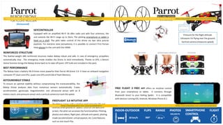 SKYCONTROLLER
Equipped with an amplified Wi-Fi 36 dBm radio and with four antennas, the
unit extends the Wi-Fi range up to 2kms. The piloting smartphone or tablet is
fixed on a shelf. The pilot takes control of the drone via two ultra precise
joysticks. For extreme view (sensations), it is possible to connect First Person
View glasses to the unit with the HDMI.
REINFORCED STRUCTURE
The feather-weight ABS reinforced structure makes Bebop robust and safe. In case of emergency, propellers
automatically stop . The emergency mode enables the Drone to land immediately. Thanks to GPS, a Return
Home function brings the Bebop drone back to its take-off point. EPP hulls are included in the pack.
ASTOUNDIBGLY STABLE
To ensure an optimal stability without compromising the maneuverability, the
Bebop Drone analyzes data from numerous sensors automatically: 3-axes
accelerometer, gyroscope, magnetometer. one ultrasound sensor with an 8
meters reach, one pressure sensor and a vertical camera to track the speed.
BEST PERFORMANCE
The Bebop have a battery life 8 times more powerful than Parrot AR.Drone 2.0. It have an onboard navigation
computer P7 dual-coreCPU, quad-core GPU and 8 GB of Flash Memory.
FREEFLIGHT 3.0 INTUITIVE APP
The Bebop comes with a piloting applicationfor iOS and
Android Smartphones or tablets. Once on the welcome
screen, the pilot can accesses the functionalities: Piloting,
photos and videos, flight plan, altitude and speed, piloting
mode (accelerometer, virtual joystick, etc.) and features
such as one-touch Flip.
(Announced)
Pressure for the flight altitude.
Ultrasonic for flying near the ground.
Vertical camera (measures speed).
FREE FLIGHT 3 FREE APP offers an intuitive control
from your smartphone or tablet. It connects through
Bluetooth Smart to your Rolling Spider. It is compatible
with devices running IOS, Android, Windows Phone 8.1.
BATTERY STICKERSREMOVABLE WHEELS
(Announced)
 