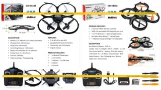 UDI U818A
DESCRIPTION
• Battery: 3.7V 500mAh Li-Po battery (included).
• Charging Time: 120 minutes.
• Flying time: 6-9 minutes.
• Controlling Distance: 100 meters.
• Battery For Controller: 4 x AA batteries.
• Product Size: 33 x 34 x 5.5cm.
• Function: 360°flips.
• Video recording | Photographing.
FEATURES
• 2.4G 4CH RC 6-axis UFO.
• Equipped with Camera and Gyro.
• Transmitter with LCD display.
• English manual.
PACKAGE INCLUDES
• 1 x U818A RC Quadcopter
• 1 x transmitter
• 1 x battery | 1 x USB cable
• 4 x blades
• 1 x manual
CAM SETTRANSMITER 2,4 Ghz
UDI U816A
TRANSMITER 2,4 Ghz
PACKAGE INCLUDES
• 4 Channel 2.4Ghz Remote controller
• 100% Pre-assembledUFO Body w/6-Axis Gyro
• 1 X Li-Po Battery | 1 X Spare Orange Canopy
• 4pcs Main Rotor Blade | 1 X Screw Driver
• 1 X Battery Charger (Charger from USB cable)
DESCRIPTION
Size (Motor to Motor) : 12,5 cm
Length : 16,5 cm | Height : 9,5 cm | Width : 16,5 cm
Gyro 6-Axis (Built in) | Battery : 3.7V Lipo Battery
Transmitter: 4 x 1.5V AA dry cells | Channel : 4-Ch
Radio Distance : 30m | Charging time : 60mins
Flight time : 6-10 minutes
U$ 70.00U$ 90.00
 