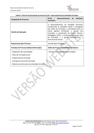 Manual da Qualidade da Atividade Formativa
Versão para website
morada sede administrativa_Rua do Paraíso, Loja 2, 2610-136 Amadora
tml_+351 911 939 224 telfax_+351 211 336 681 email_ formar@aproximar.pt
nif_ 507 777 530 - niss_200 177 134 78
Página 25 de 50
Tabela 7. Ficha de Caracterização do Processo PF.02 – Desenvolvimento da Atividade Formativa
Designação do Processo
PF.02 – Desenvolvimento da Atividade
Formativa
Âmbito de Aplicação
O desenvolvimento da atividade formativa
compreende as atividades desde a divulgação
das ações de formação, a articulação entre os
vários agentes formativos, a gestão das
inscrições, a constituição do Dossier Técnico-
Pedagógico (DTP), o acompanhamento da ação
de formação, e a gestão administrativa e
financeira da mesma.
Responsável pelo Processo Coordenador Pedagógico
Entradas do Processo (dados/informação) Saídas do Processo (resultados/produtos)
- Diagnóstico de necessidades
- Plano de Formação anual
- Programa(s) de Formação
- Cronograma Anual da Formação
- Materiais promocionais da atividade formativa
- Dossier Técnico-Pedagógico completo
 