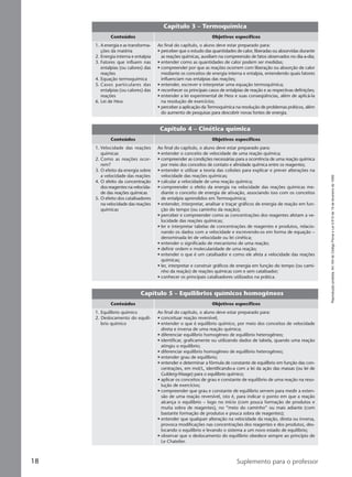 Reproduçãoproibida.Art.184doCódigoPenaleLei9.610de19defevereirode1998.
18 Suplemento para o professor
Capítulo 4 – Cinética química
Conteúdos Objetivos específicos
Ao final do capítulo, o aluno deve estar preparado para:
• entender o conceito de velocidade de uma reação química;
• compreender as condições necessárias para a ocorrência de uma reação química
por meio dos conceitos de contato e afinidade química entre os reagentes;
• entender e utilizar a teoria das colisões para explicar e prever alterações na
velocidade das reações químicas;
• calcular a velocidade de uma reação química;
• compreender o efeito da energia na velocidade das reações químicas me-
diante o conceito de energia de ativação, associando isso com os conceitos
de entalpia aprendidos em Termoquímica;
• entender, interpretar, analisar e traçar gráficos de energia de reação em fun-
ção do tempo (ou caminho da reação);
• perceber e compreender como as concentrações dos reagentes afetam a ve-
locidade das reações químicas;
• ler e interpretar tabelas de concentrações de reagentes e produtos, relacio-
nando os dados com a velocidade e escrevendo-os em forma de equação –
denominada lei de velocidade ou lei cinética;
• entender o significado de mecanismo de uma reação;
• definir ordem e molecularidade de uma reação;
• entender o que é um catalisador e como ele afeta a velocidade das reações
químicas;
• ler, interpretar e construir gráficos de energia em função do tempo (ou cami-
nho da reação) de reações químicas com e sem catalisador;
• conhecer os principais catalisadores utilizados na prática.
1. Velocidade das reações
químicas
2. Como as reações ocor-
rem?
3. O efeito da energia sobre
a velocidade das reações
4. O efeito da concentração
dos reagentes na velocida-
de das reações químicas
5. O efeito dos catalisadores
na velocidade das reações
químicas
Capítulo 5 – Equilíbrios químicos homogêneos
Conteúdos Objetivos específicos
Ao final do capítulo, o aluno deve estar preparado para:
• conceituar reação reversível;
• entender o que é equilíbrio químico, por meio dos conceitos de velocidade
direta e inversa de uma reação química;
• diferenciar equilíbrio homogêneo de equilíbrio heterogêneo;
• identificar, graficamente ou utilizando dados de tabela, quando uma reação
atingiu o equilíbrio;
• diferenciar equilíbrio homogêneo de equilíbrio heterogêneo;
• entender grau de equilíbrio;
• entender e determinar a fórmula de constante de equilíbrio em função das con-
centrações, em mol/L, identificando-a com a lei da ação das massas (ou lei de
Gulderg-Waage) para o equilíbrio químico;
• aplicar os conceitos de grau e constante de equilíbrio de uma reação na reso-
lução de exercícios;
• compreender que grau e constante de equilíbrio servem para medir a exten-
são de uma reação reversível, isto é, para indicar o ponto em que a reação
alcança o equilíbrio – logo no início (com pouca formação de produtos e
muita sobra de reagentes), no “meio do caminho” ou mais adiante (com
bastante formação de produtos e pouca sobra de reagentes);
• entender que qualquer alteração na velocidade da reação, direta ou inversa,
provoca modificações nas concentrações dos reagentes e dos produtos, des-
locando o equilíbrio e levando o sistema a um novo estado de equilíbrio;
• observar que o deslocamento do equilíbrio obedece sempre ao princípio de
Le Chatelier.
1. Equilíbrio químico
2. Deslocamento do equilí-
brio químico
Capítulo 3 – Termoquímica
Conteúdos Objetivos específicos
Ao final do capítulo, o aluno deve estar preparado para:
• perceber que o estudo das quantidades de calor, liberadas ou absorvidas durante
as reações químicas, auxiliam na compreensão de fatos observados no dia-a-dia;
• entender como as quantidades de calor podem ser medidas;
• compreender por que as reações ocorrem com liberação ou absorção de calor
mediante os conceitos de energia interna e entalpia, entendendo quais fatores
influenciam nas entalpias das reações;
• entender, escrever e interpretar uma equação termoquímica;
• reconhecer os principais casos de entalpias de reação e as respectivas definições;
• entender a lei experimental de Hess e suas conseqüências, além de aplicá-la
na resolução de exercícios;
• perceber a aplicação da Termoquímica na resolução de problemas práticos, além
do aumento de pesquisas para descobrir novas fontes de energia.
1. A energia e as transforma-
ções da matéria
2. Energia interna e entalpia
3. Fatores que influem nas
entalpias (ou calores) das
reações
4. Equação termoquímica
5. Casos particulares das
entalpias (ou calores) das
reações
6. Lei de Hess
Manual B-QF2-PNLEM 14/6/05, 16:3118
 